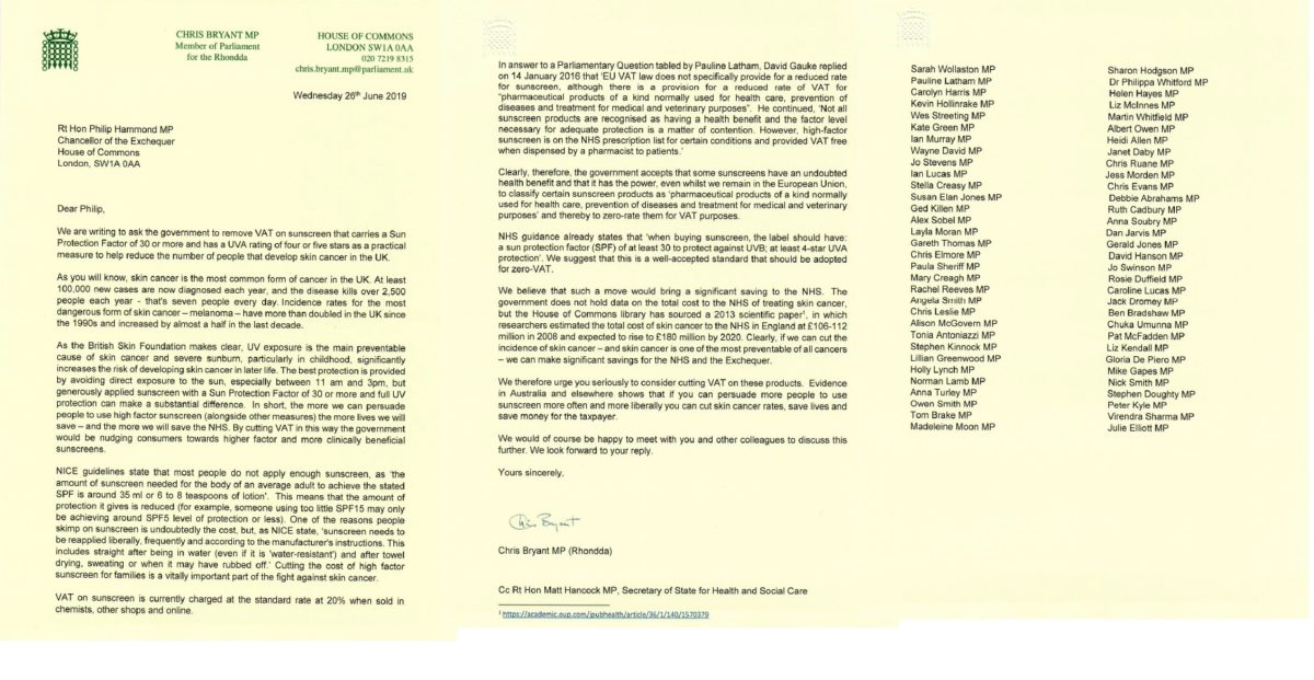 A letter written by Rhonnda MP Chris Bryant calling for VAT to be removed from high SPF sunscreen