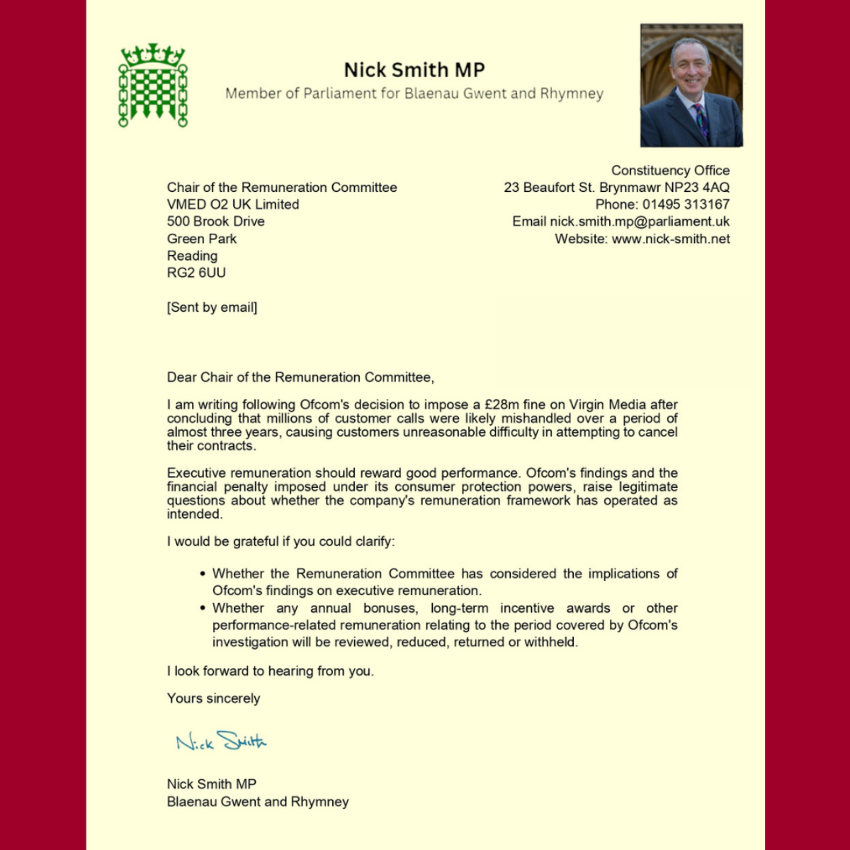 Letter to Remuneration Committee