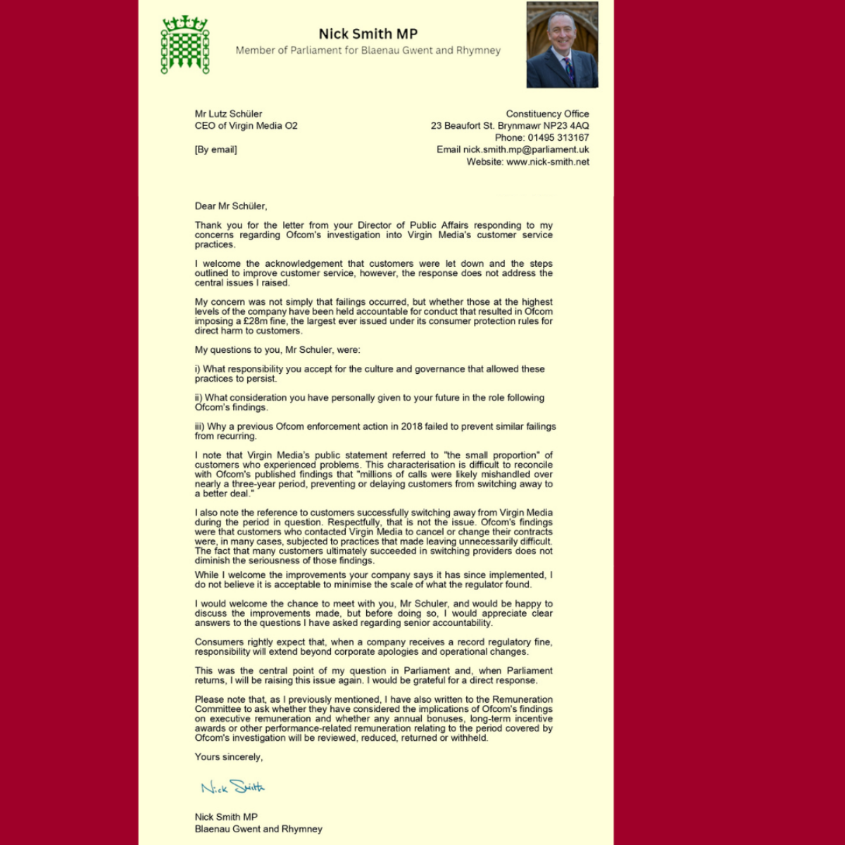 Letter to Virgin Media CEO